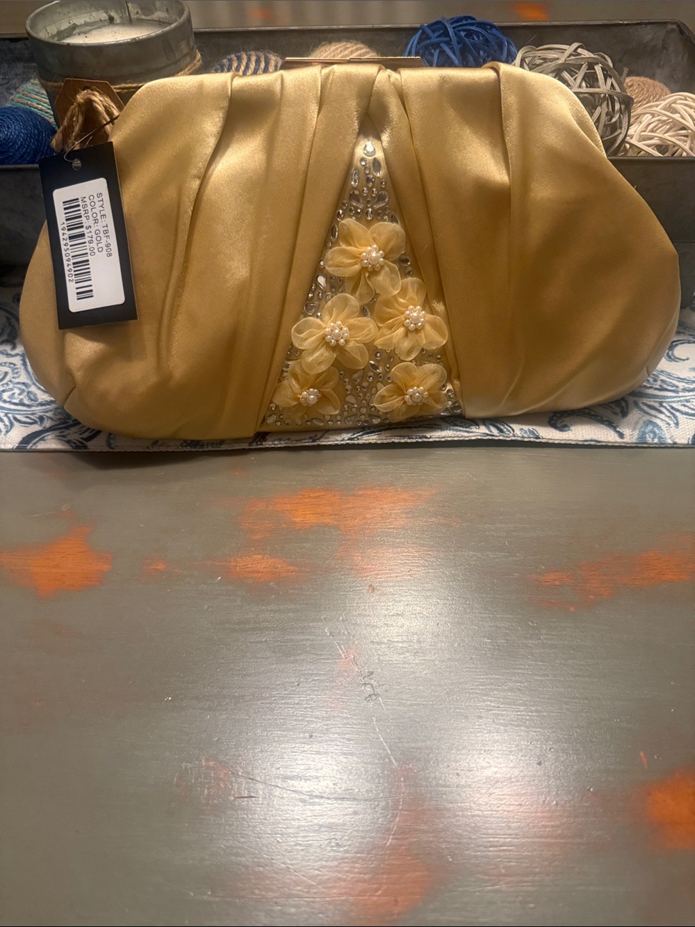Badgley Mischka Satin Floral Accent Evening Clutch in Champagne Gold